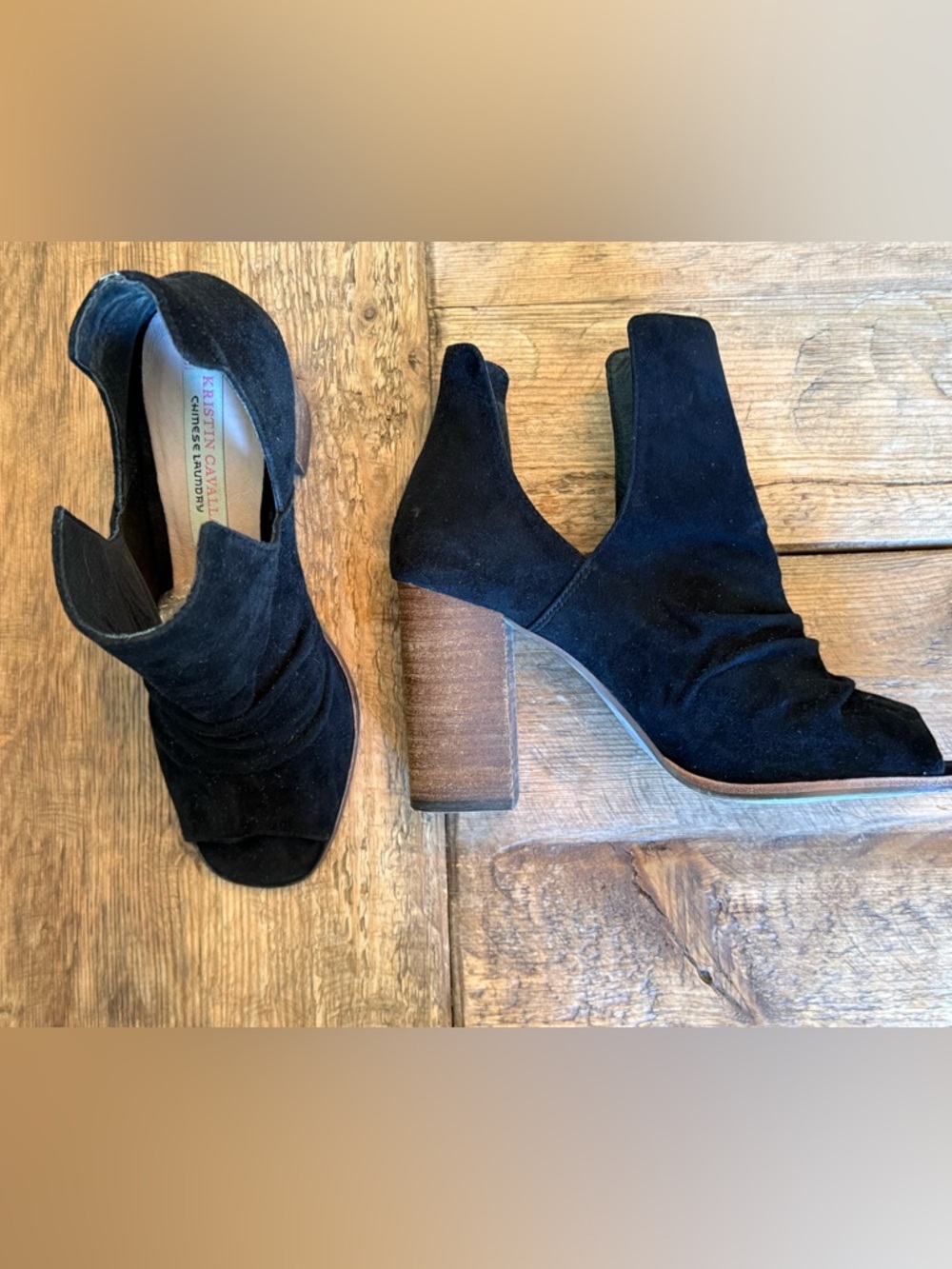 Chinese Laundry Black Suede Cutout Block Heel Booties